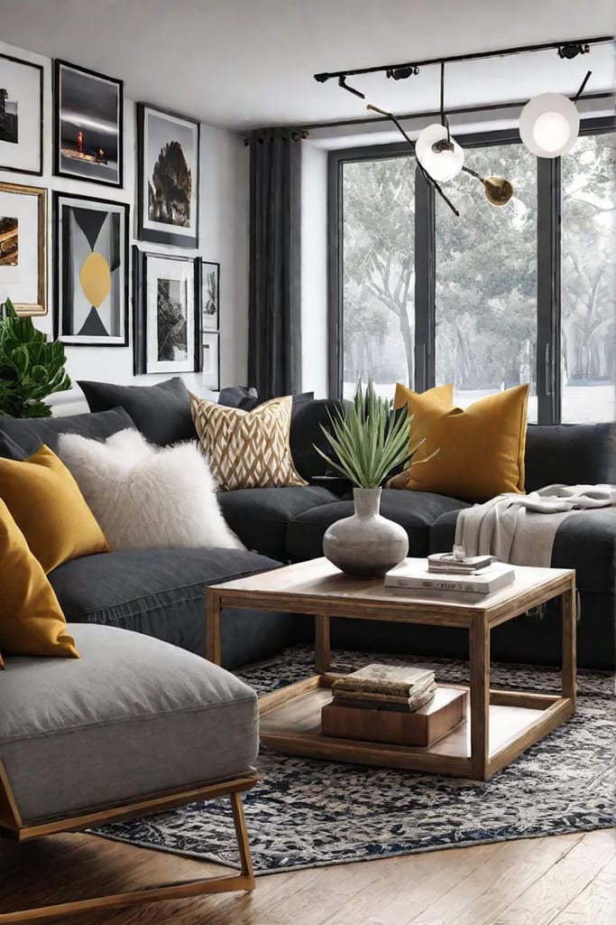 A vibrant and visually intriguing living room gallery wall that blends a