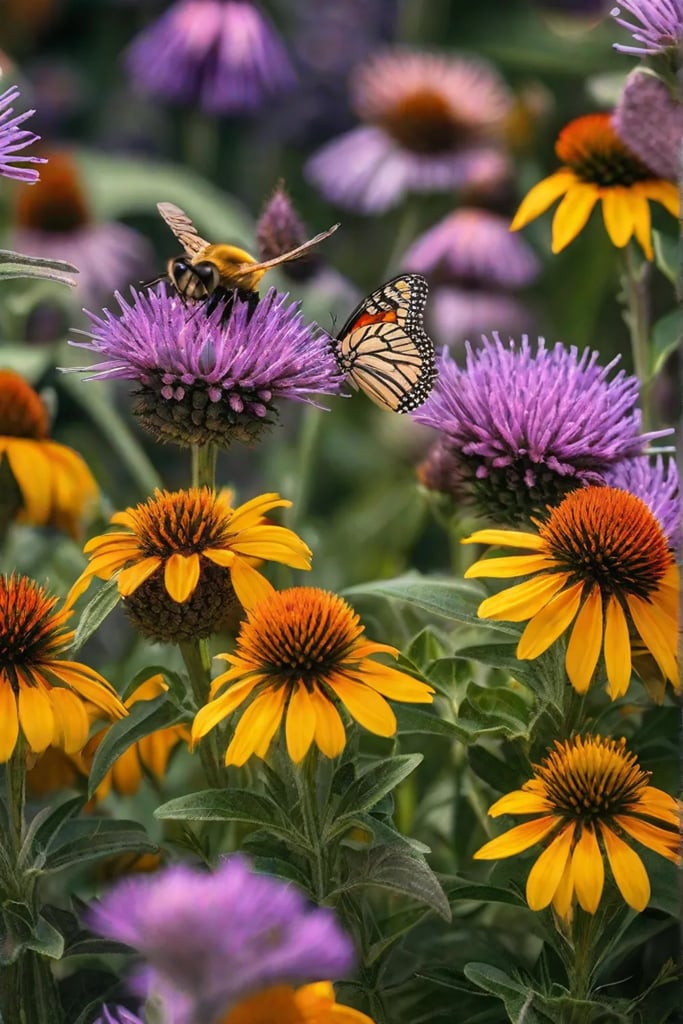 A vibrant pollinatorfriendly garden alive with bees and butterflies featuring plants like_resized