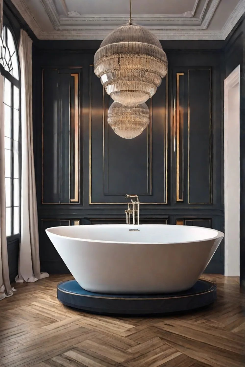 A vibrant popart inspired print framed above a freestanding bathtub adding a