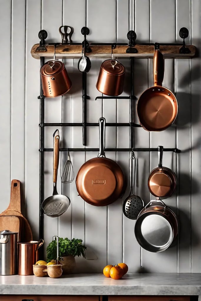 A vintage industrialstyle rack mounted on the kitchen wall filled with an