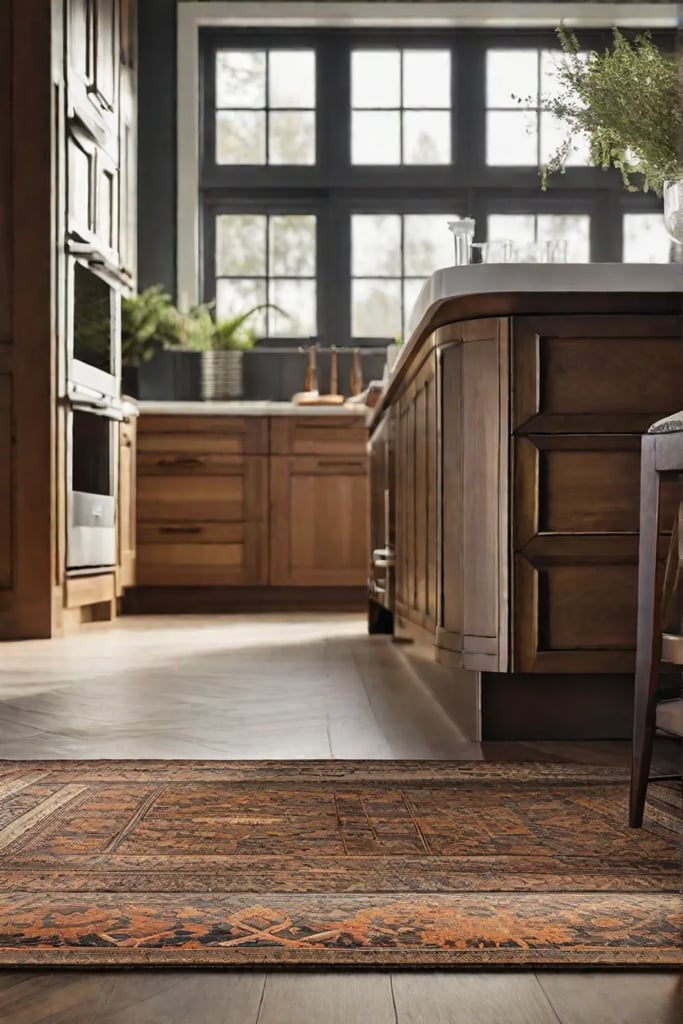 A vintage intricately patterned area rug laid out on a kitchen floor