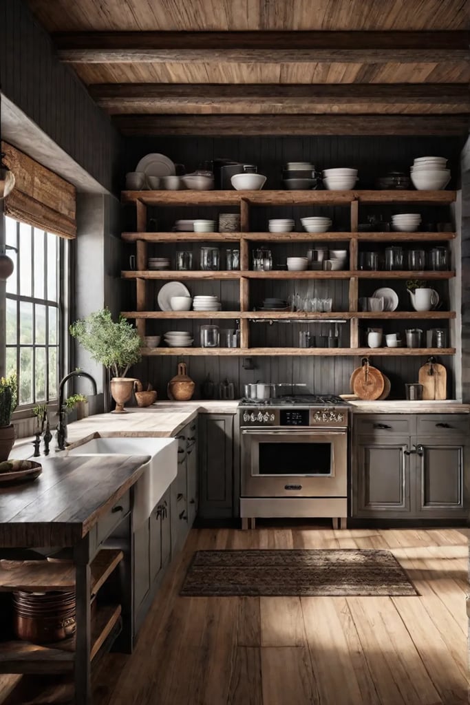 A warm inviting kitchen with a combination of open shelves and cabinets