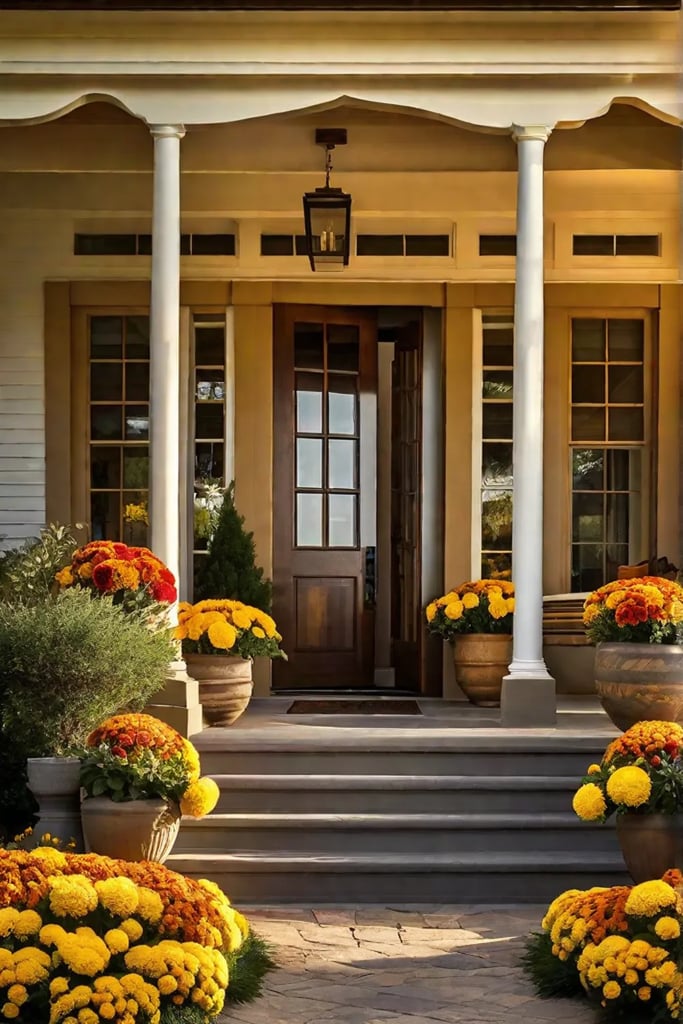 A welcoming path lined with warmtoned marigolds sunflowers and dahlias casting a_resized