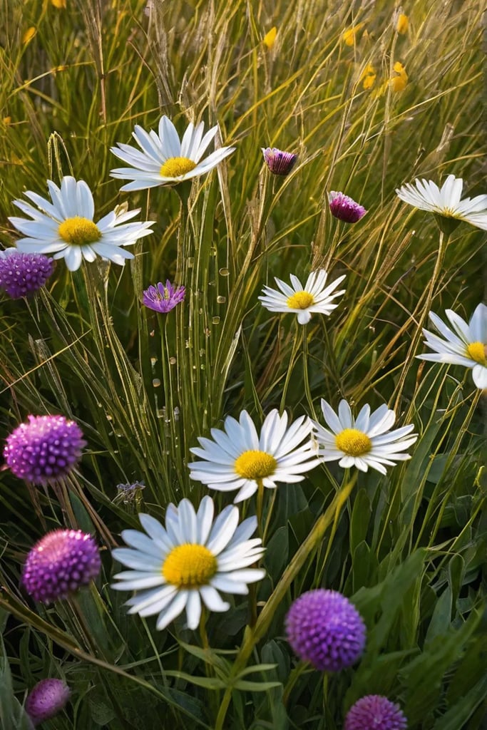A whimsical array of wildflowers dotted with dewdrops in the early morning_resized