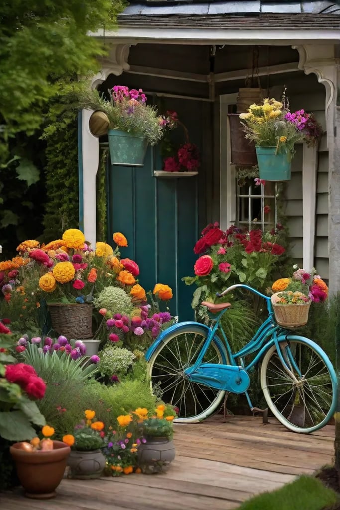 A whimsical corner of a garden filled with repurposed items like an_resized