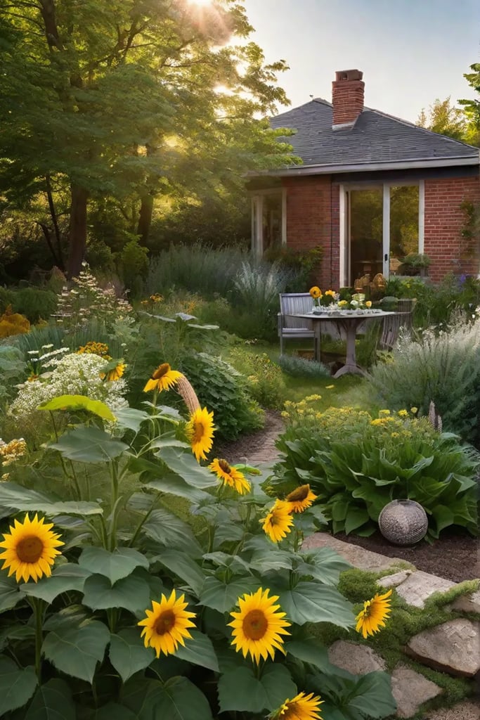 A wildlifefriendly garden setup with native flowering plants like sunflowers and JoePye_resized
