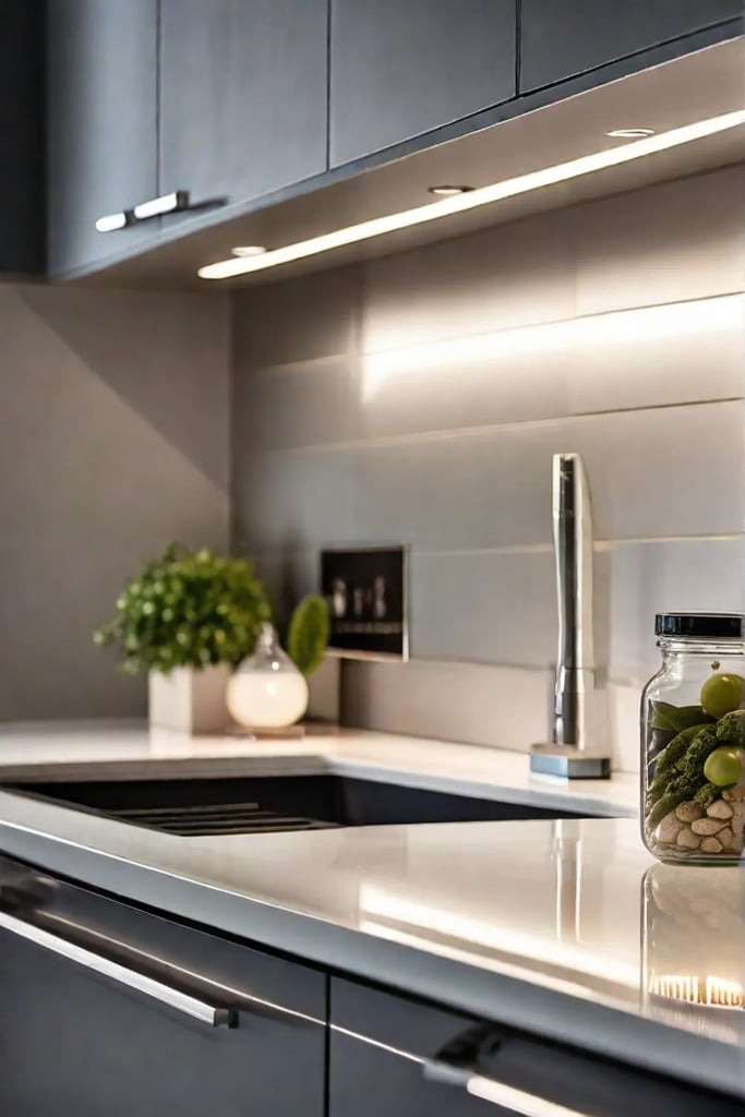 An arrangement of LED undercabinet lighting illuminating a work surface with a