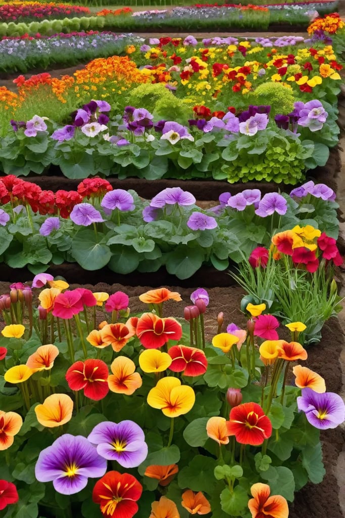 An edible flower garden arranged in raised beds boasting colorful nasturtiums violas_resized