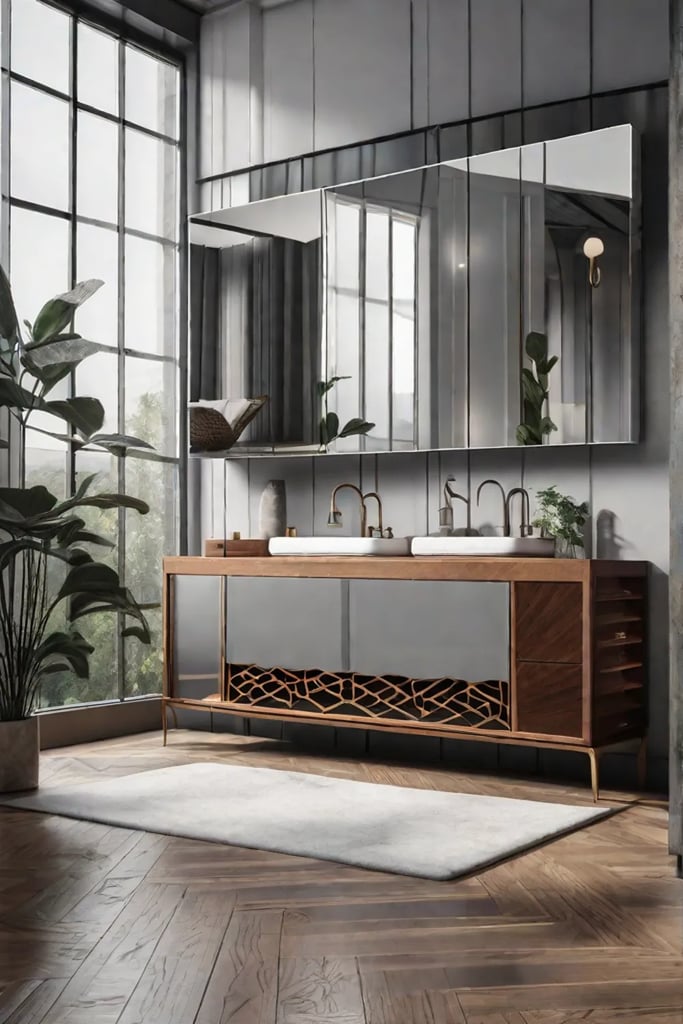 An elegant moistureresistant mirror with an ornate frame positioned above a modern