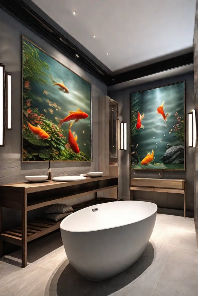 Artistic tile work in a bathroom showcasing a mural of a koi