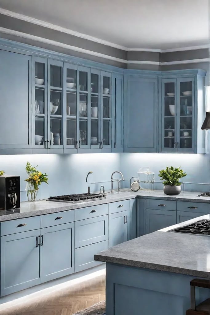 Calming blue and gray kitchen interior
