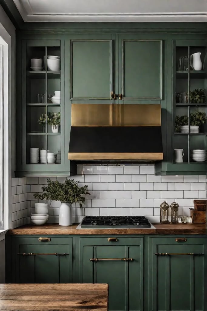 Charming rustic kitchen with muted green cabinets brass hardware and a cozy