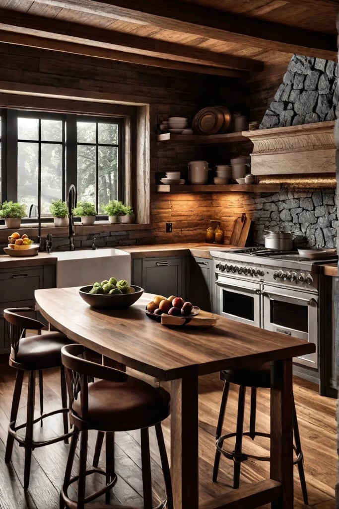 Cozy rustic kitchen featuring a blend of natural materials including stone butcher