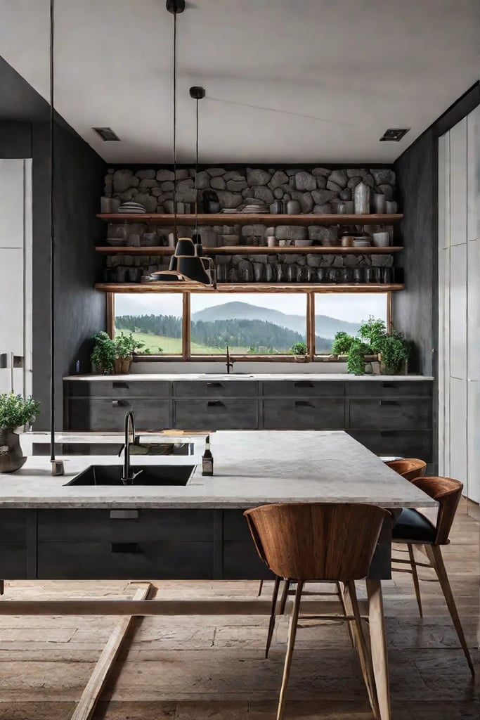 Cozy rustic kitchen with distressed white cabinets a stone backsplash and a