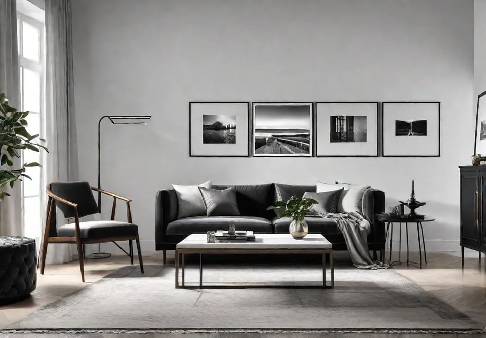 Elegant monochrome gallery wall with a mix of framed artwork mirrors andfeat