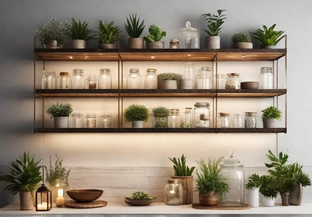 Elegant open shelving made of reclaimed wood adorned with a mix offeat