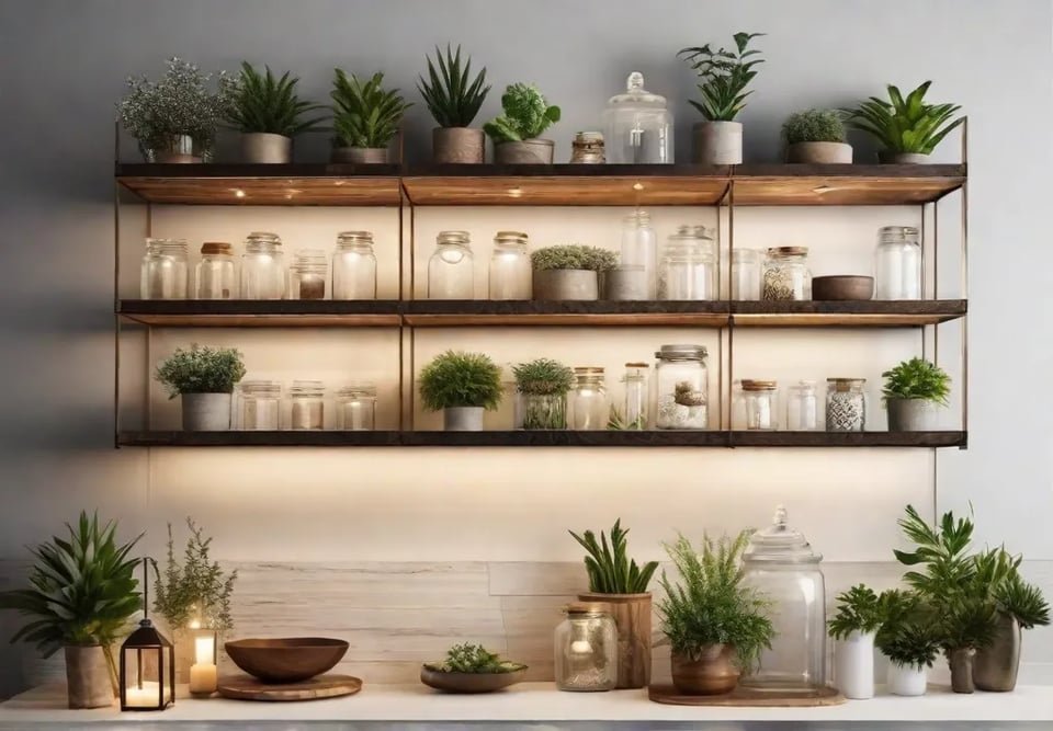 Elegant open shelving made of reclaimed wood adorned with a mix offeat