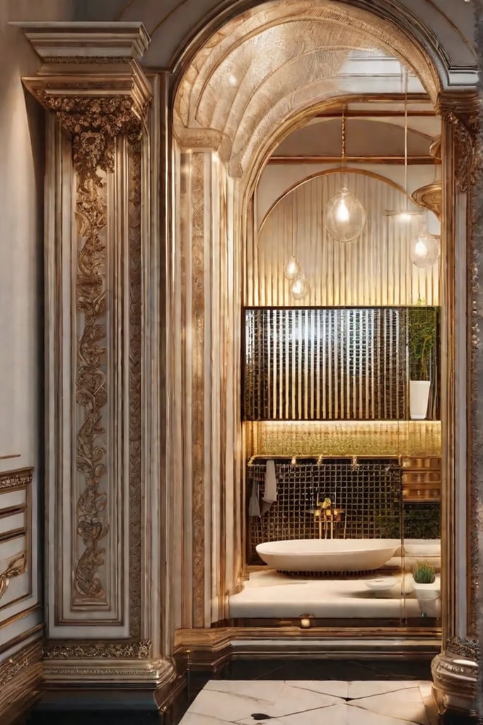 Large ornate statement mirror with a bold frame dominating a bathroom wall