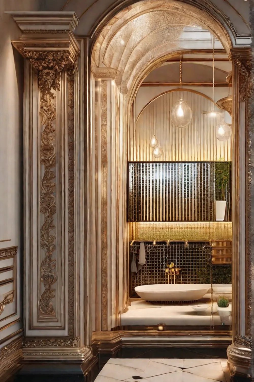 Large ornate statement mirror with a bold frame dominating a bathroom wall