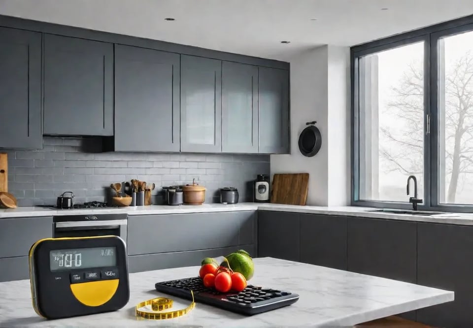 Minimalist kitchen interior with measuring tape and calculatorfeat