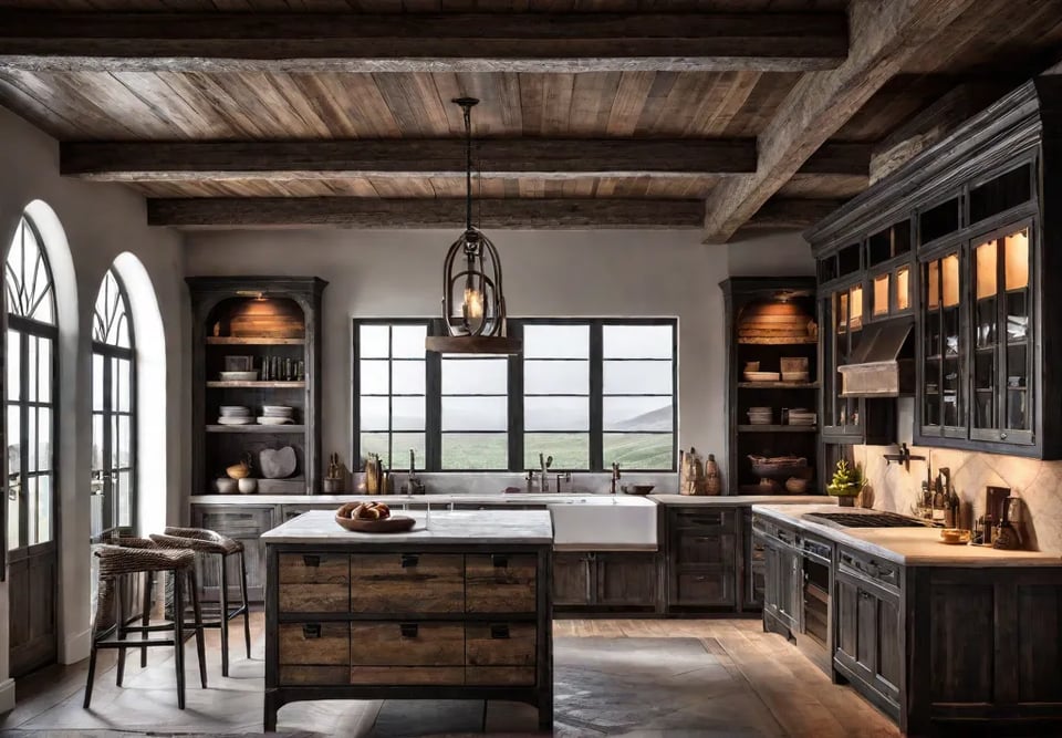 Reclaimed wood cabinets with a weathered distressed finish complementing a cozy rusticfeat