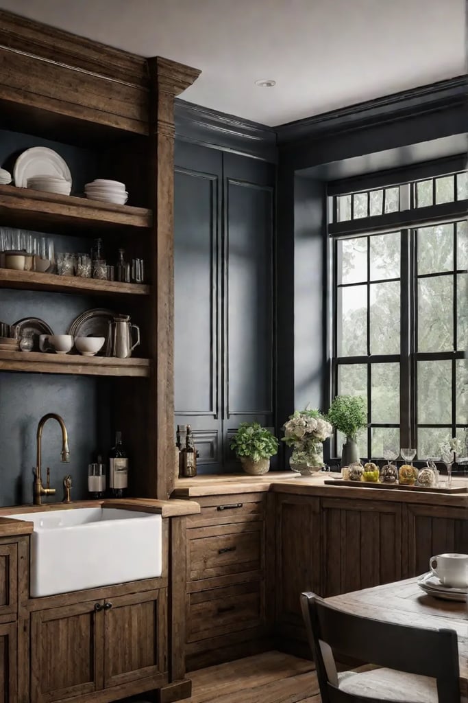 Rustic country kitchen with a mix of open shelving and traditional cabinetry