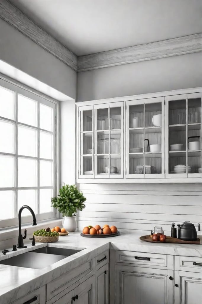 Rustic farmhouse kitchen with whitewashed cabinets shiplap walls a farmhousestyle sink and