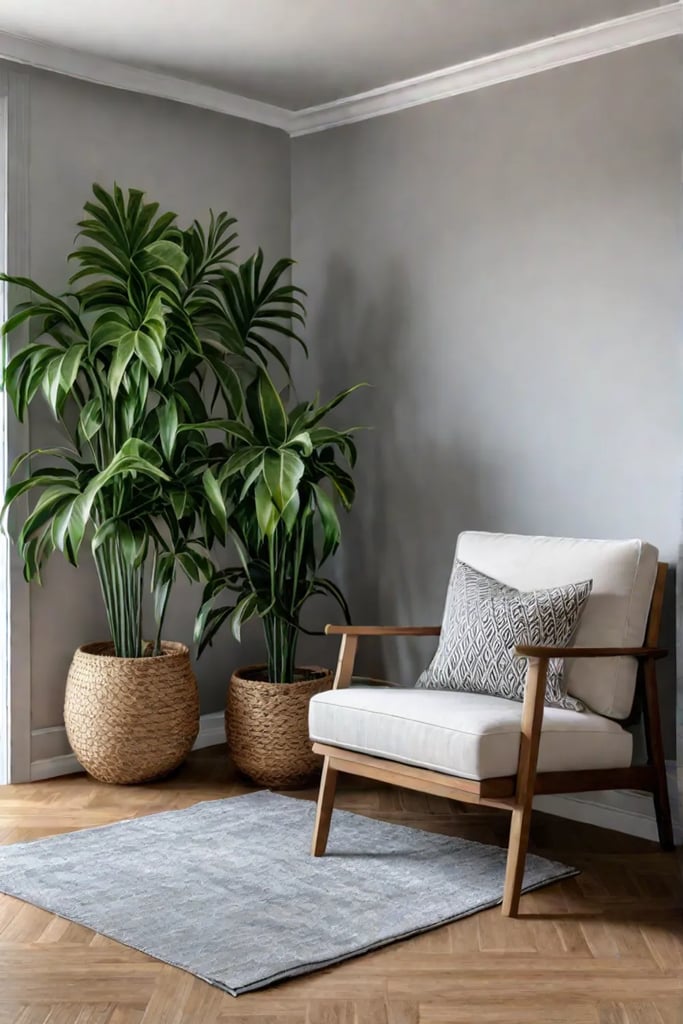 Scandinavian living room with minimalist bookshelf neutral chair and indoor plant