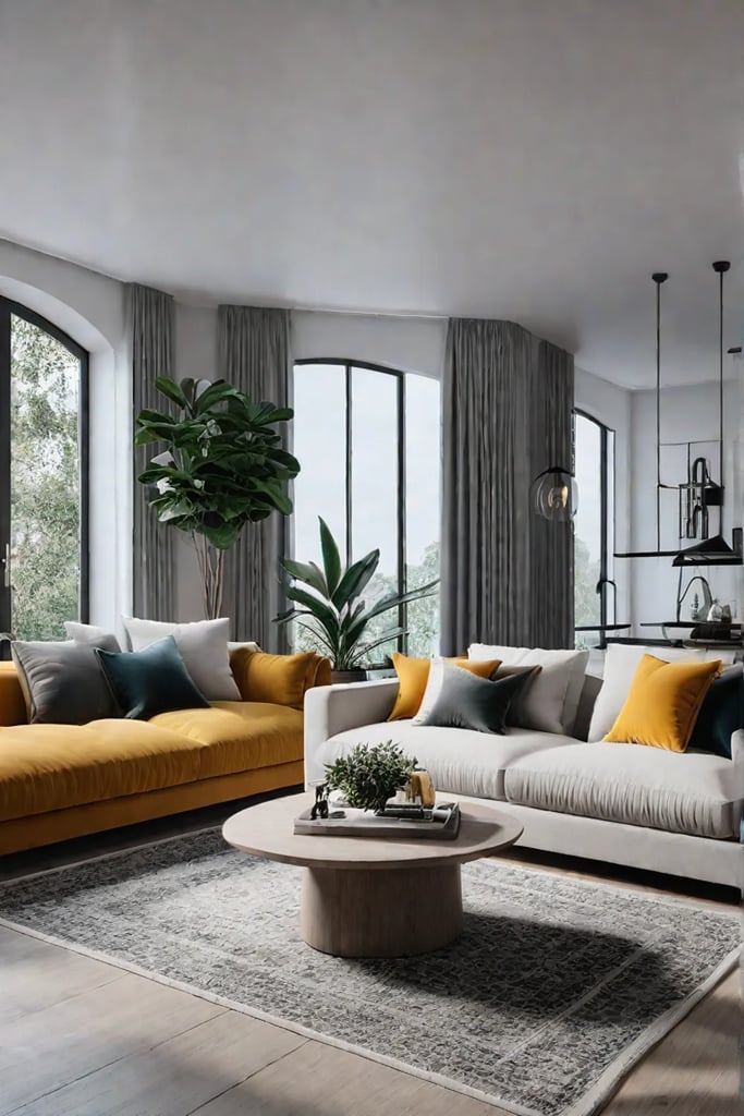 a Scandinavian living room with a neutral base accented by carefully placed