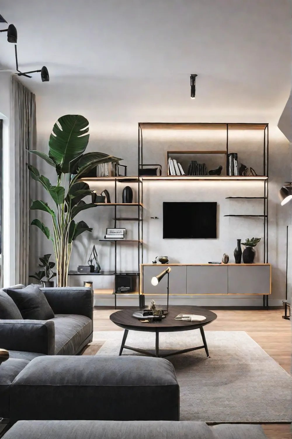 a Scandinavian living room with welldesigned storage solutions that preserve the clean