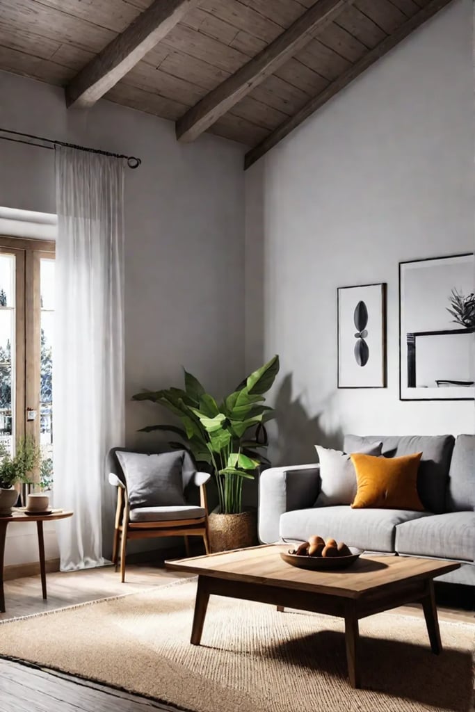 a cozy hyggeinspired Scandinavian living room with plush textiles warm lighting and