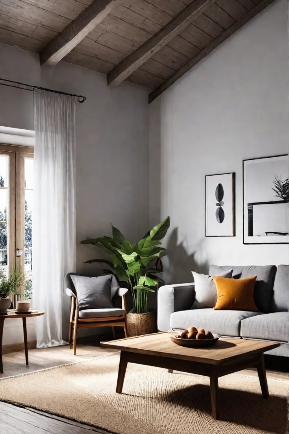 a cozy hyggeinspired Scandinavian living room with plush textiles warm lighting and