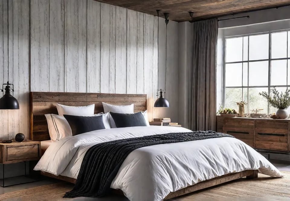 A bedroom scene with a kingsize bed against a white shiplap wallfeat