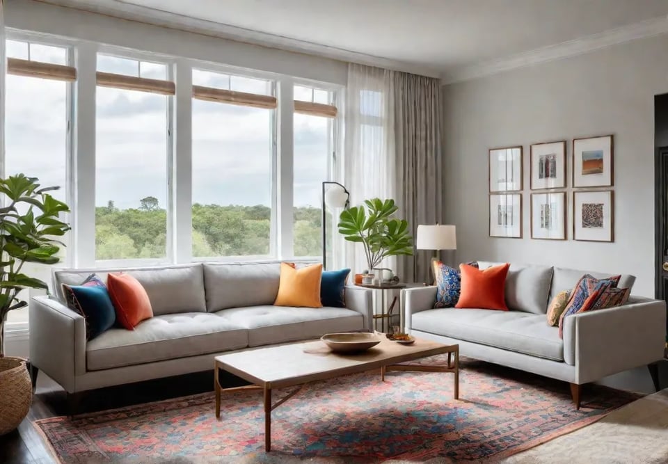 A bright and airy apartment living room with large windows furnished withfeat