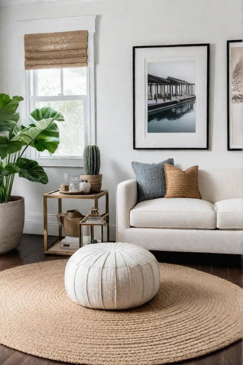 A bright living room with a gallery wall and layered textiles
