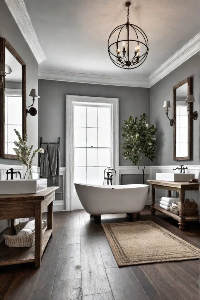 A charming farmhouse bathroom with a freestanding bathtub a distressed vanity and