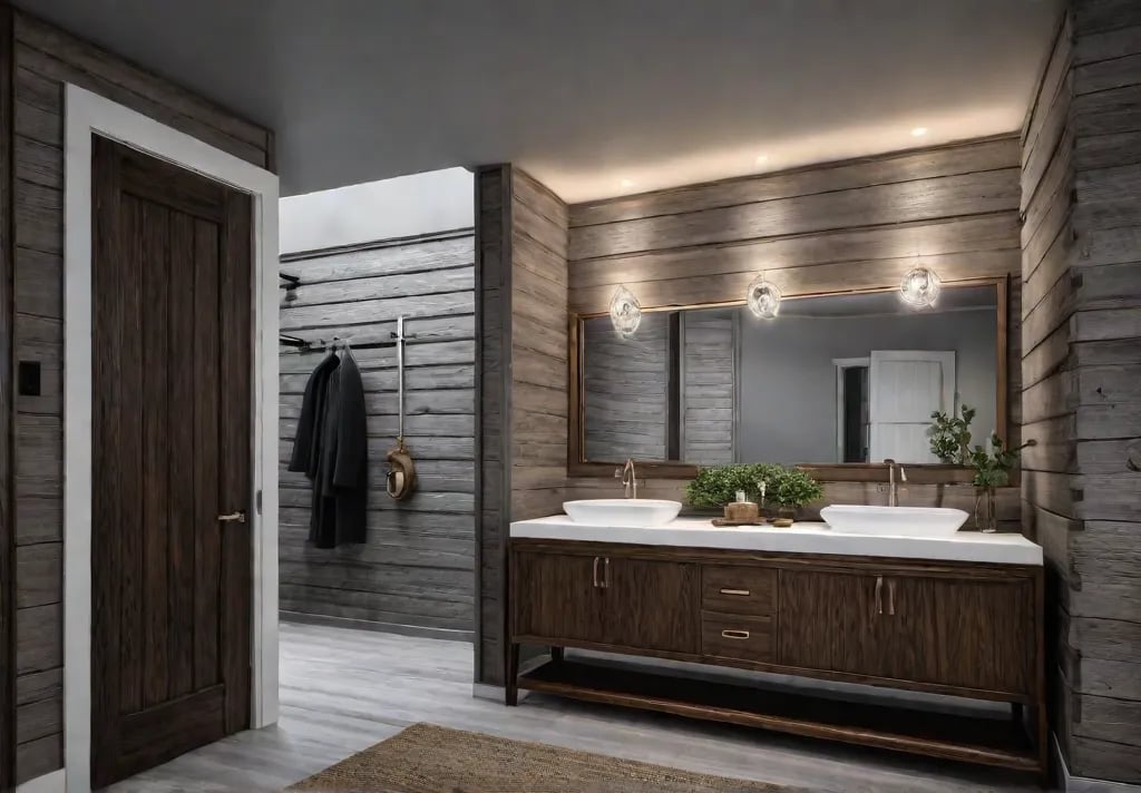 A charming farmhouse bathroom with a neutral color palette and natural materialsfeat