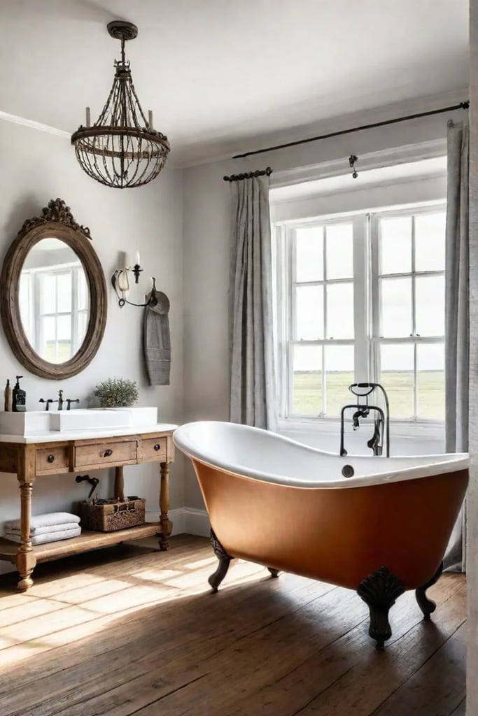 A cohesive farmhouse bathroom with a traditional clawfoot bathtub a distressed wood
