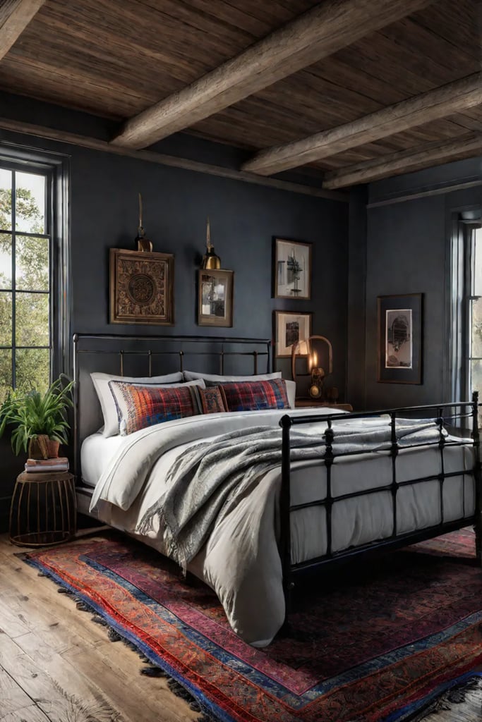 A colorful patterned rug in a bohemian rustic bedroom