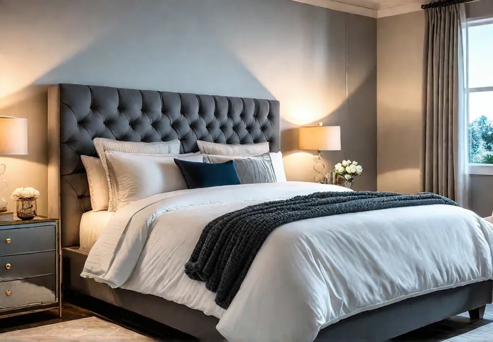 A cozy and inviting apartment bedroom featuring a plush bed with afeat