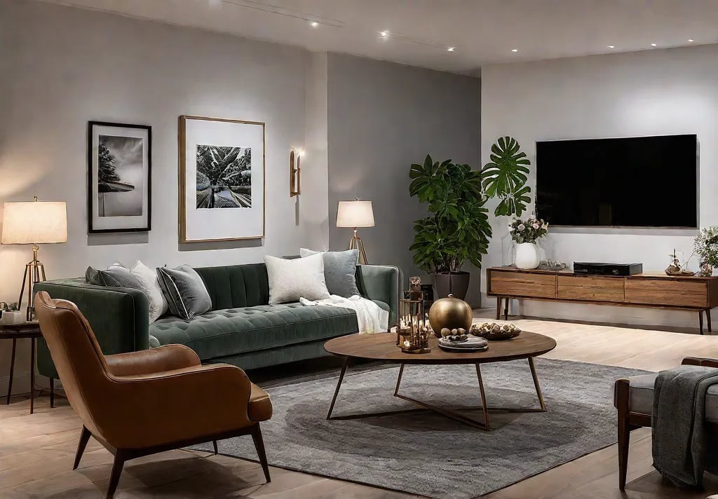 A cozy and inviting living room with natural textures warm lighting andfeat