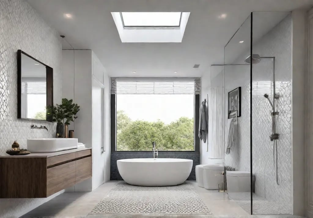 A cozy and inviting small bathroom featuring a floating vanity with amplefeat