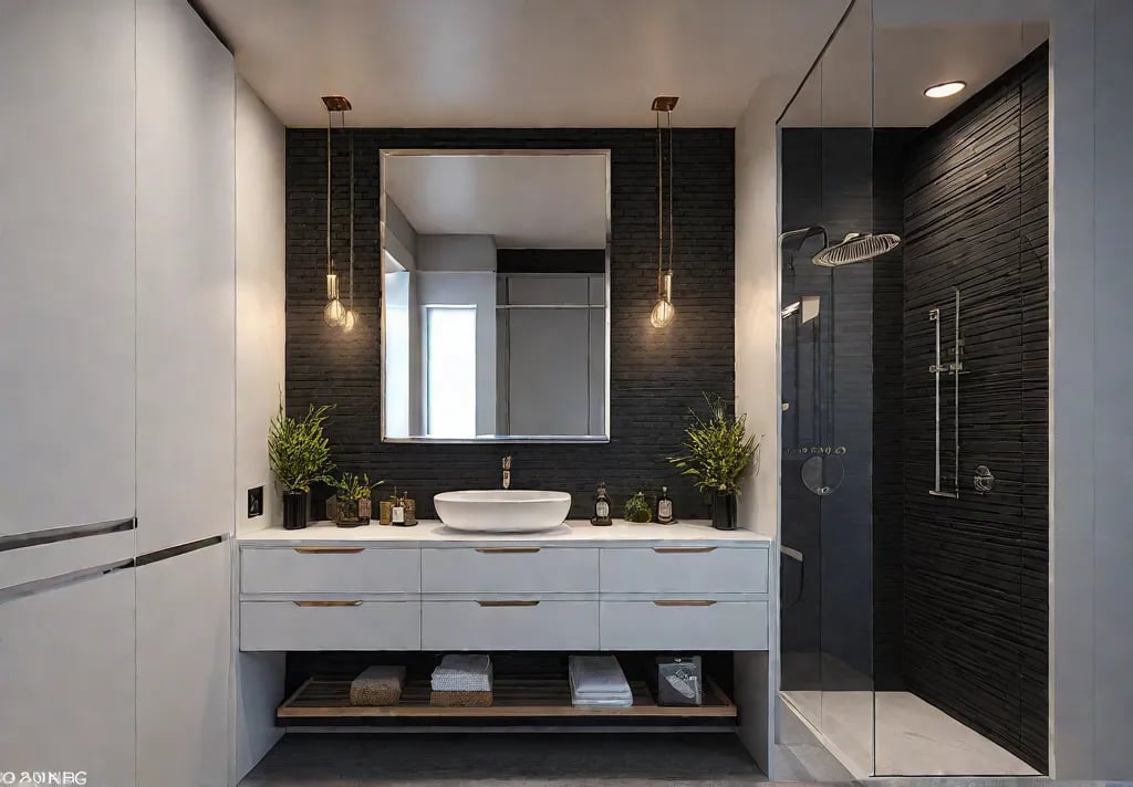 A cozy and inviting small bathroom with a floating vanity wallmounted mirrorfeat