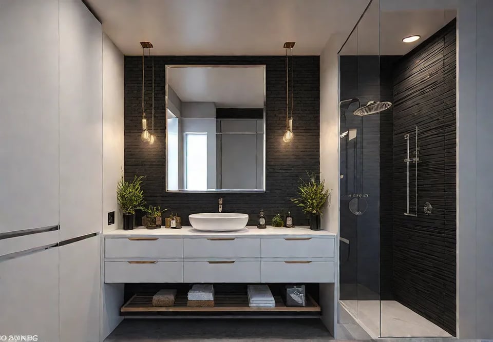 A cozy and inviting small bathroom with a floating vanity wallmounted mirrorfeat