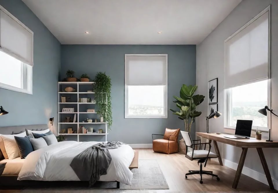 A cozy apartment bedroom with a loft bed creating an open andfeat