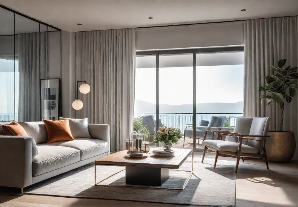 A cozy apartment living room bathed in natural light with sheer curtainsfeat