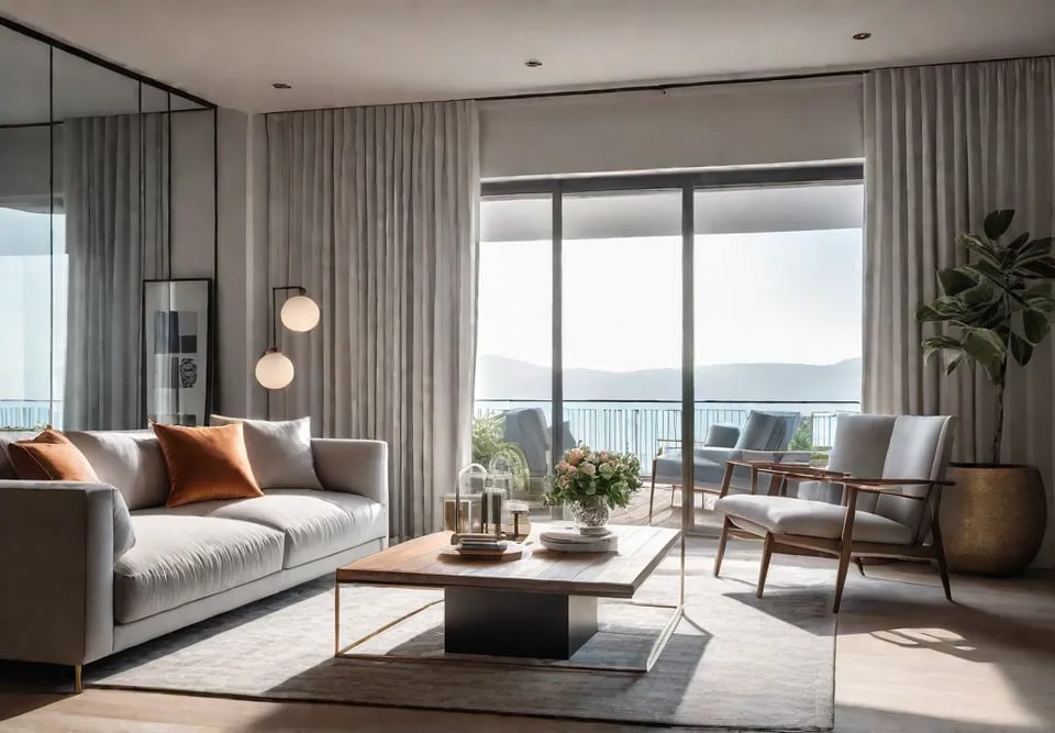 A cozy apartment living room bathed in natural light with sheer curtainsfeat