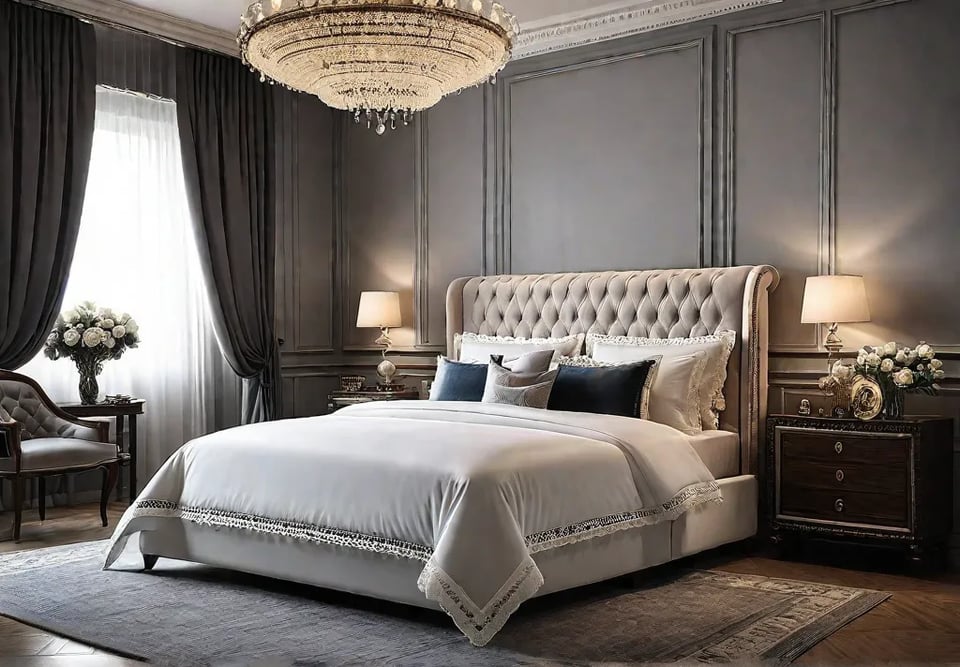 A cozy bedroom featuring a soft velvety bed skirt with lace trimfeat