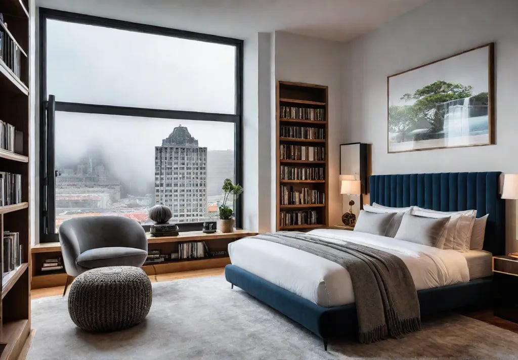 A cozy bedroom reading nook bathed in natural light Floortoceiling builtin bookshelvesfeat