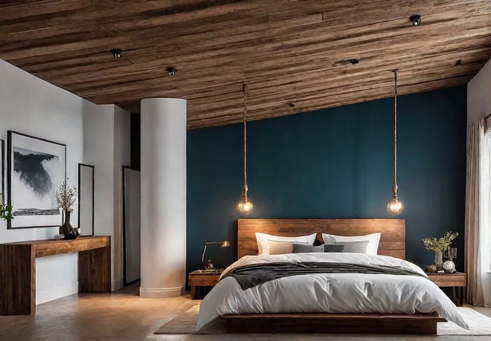 A cozy bedroom with a rustic wooden bed frame a modern whitefeat